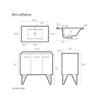 Annecy 36 in. White Bathroom Vanity With Black Ceramic Sink Top