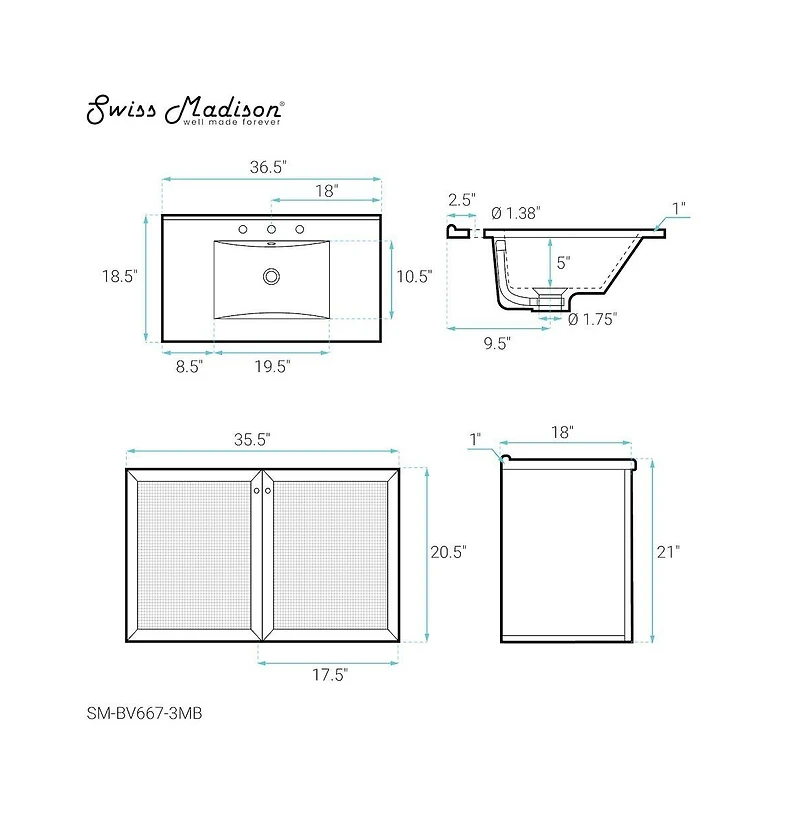 Swiss Madison 36 in. Brown Oak Wall Hung Bathroom Vanity With Black, 3-Hole Ceramic Sink Top