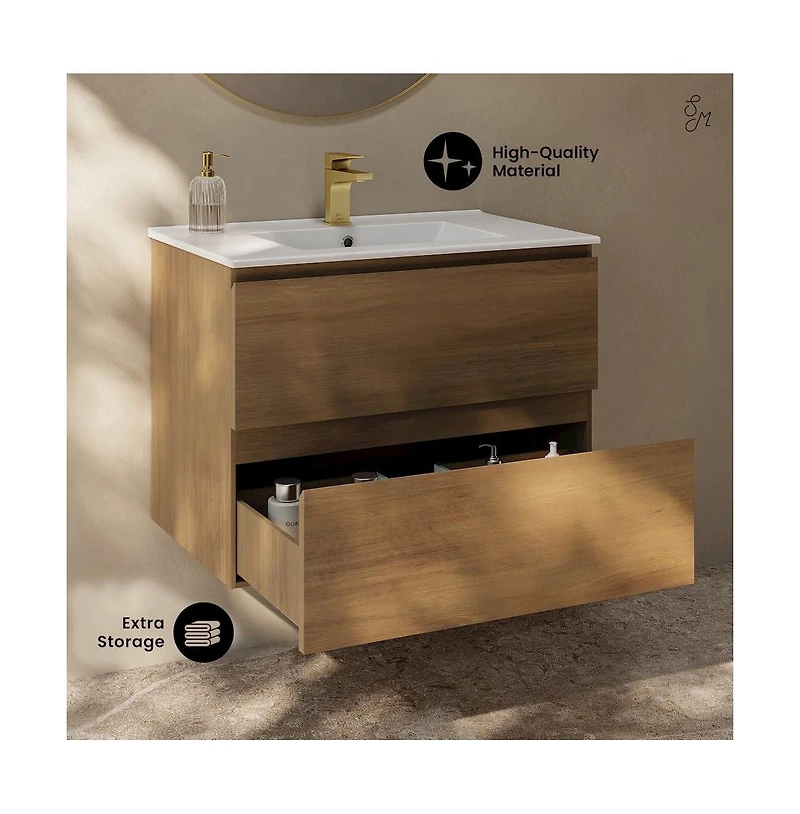 Swiss Madison Liberte 30" Wall-Mounted Bathroom Vanity in Brown Oak with Sink Top