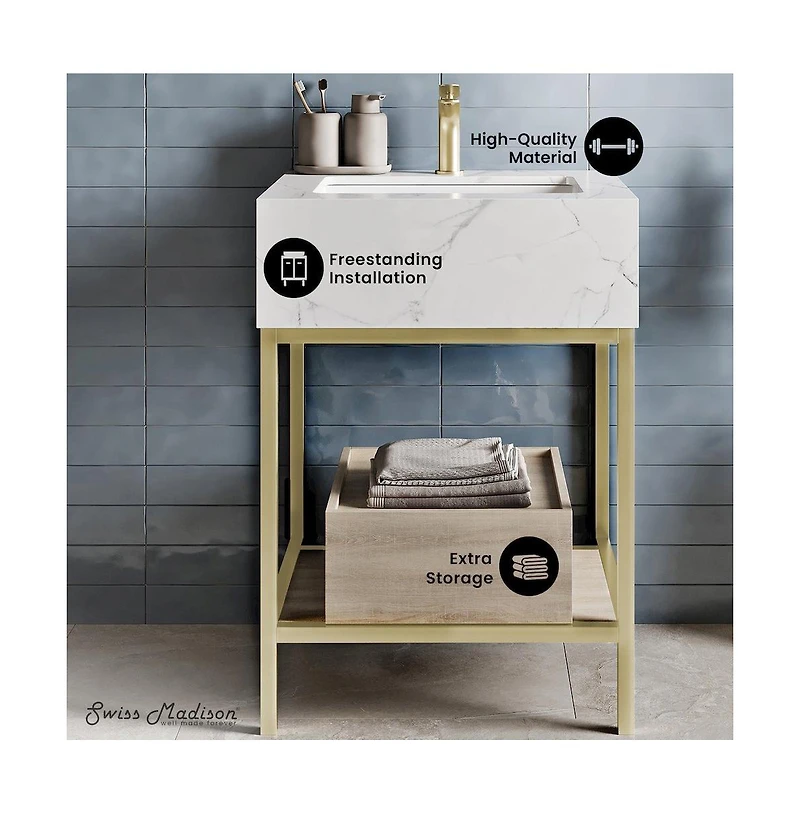 Swiss Madison Beau 24" Open Shelf Natural Oak Frame Freestanding Bathroom Vanity with Sink Top