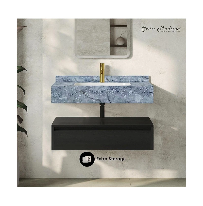 Swiss Madison Avancer 36" Wall-Mounted Bathroom Vanity in Black Oak with Blue Celeste Sink Top