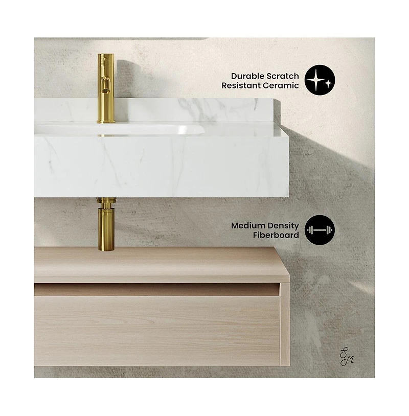 Swiss Madison Avancer 36" Wall-Mounted Bathroom Vanity in White Oak with White Marble Sink Top