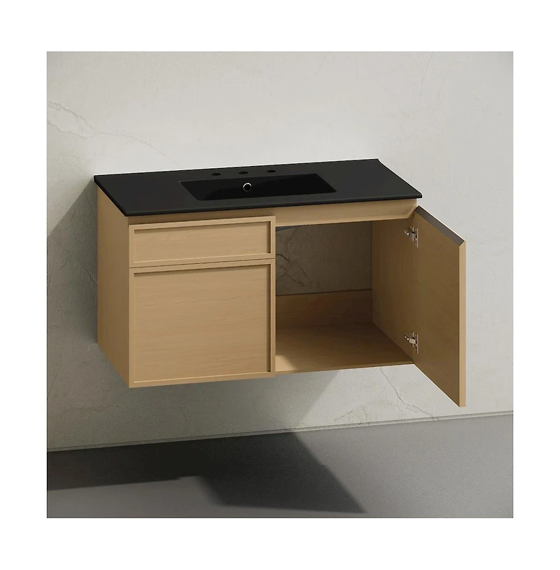 Swiss Madison 36" Wall-Mounted Bathroom Vanity, Natural Oak, Black 3-Hole Widespread Sink Top
