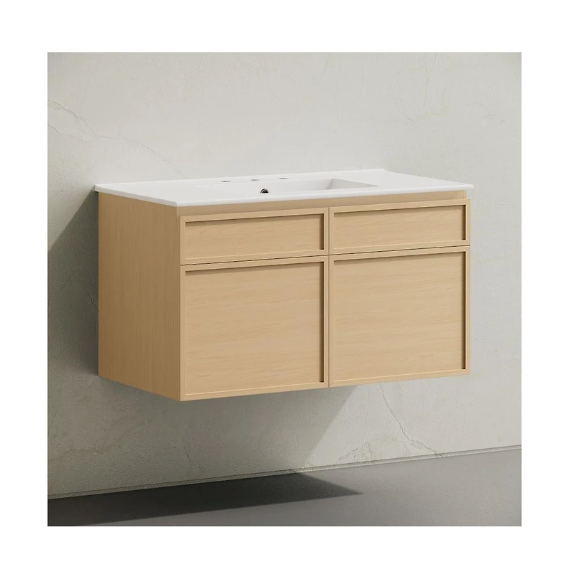 36" Wall-Mounted Bathroom Vanity in Natural Oak with 3-Hole Widespread Sink Top