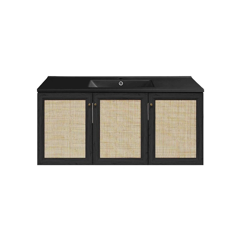 Classe 48" Wall-Mounted Bathroom Vanity in Black Oak with Black Sink Top