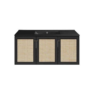 Classe 48" Wall-Mounted Bathroom Vanity in Black Oak with Black Sink Top