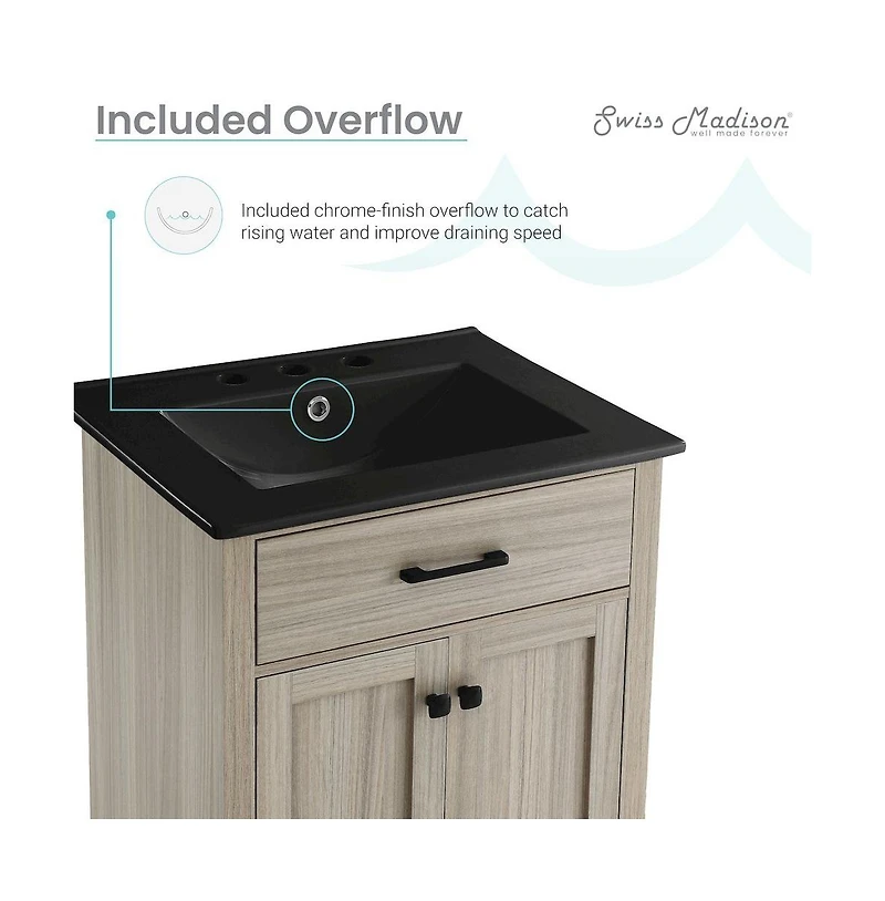 Swiss Madison Burdon 24 in. Brown Oak Bathroom Vanity With Black, 3-Hole Ceramic Sink Top