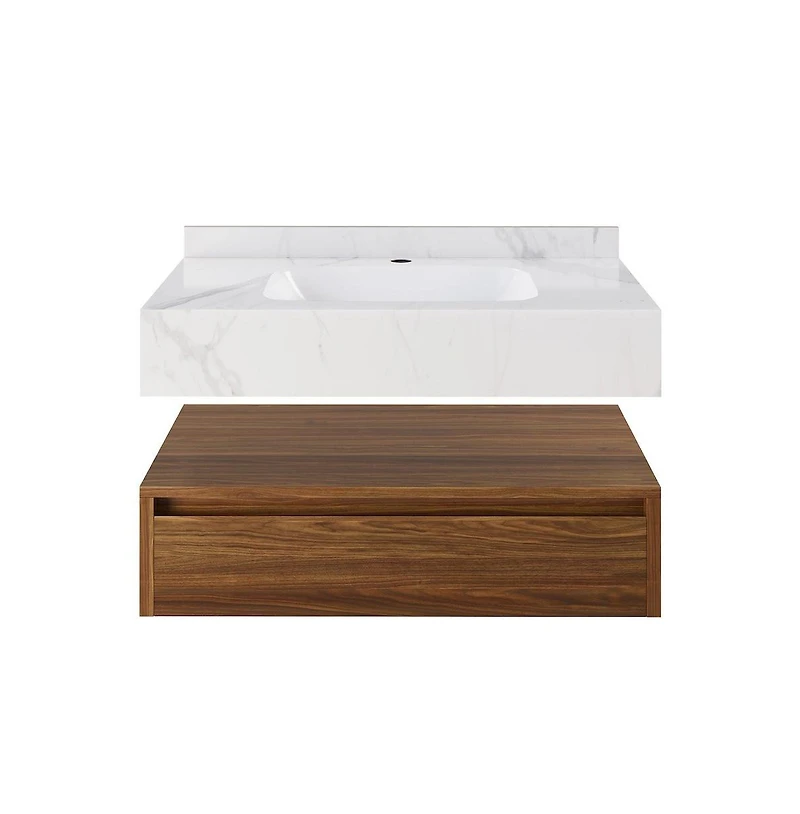 Swiss MadisonAvancer 36" Wall-Mounted Bathroom Vanity in Brown Oak with White Marble Sink Top