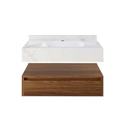 Swiss MadisonAvancer 36" Wall-Mounted Bathroom Vanity in Brown Oak with White Marble Sink Top