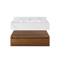 Swiss MadisonAvancer 36" Wall-Mounted Bathroom Vanity in Brown Oak with White Marble Sink Top