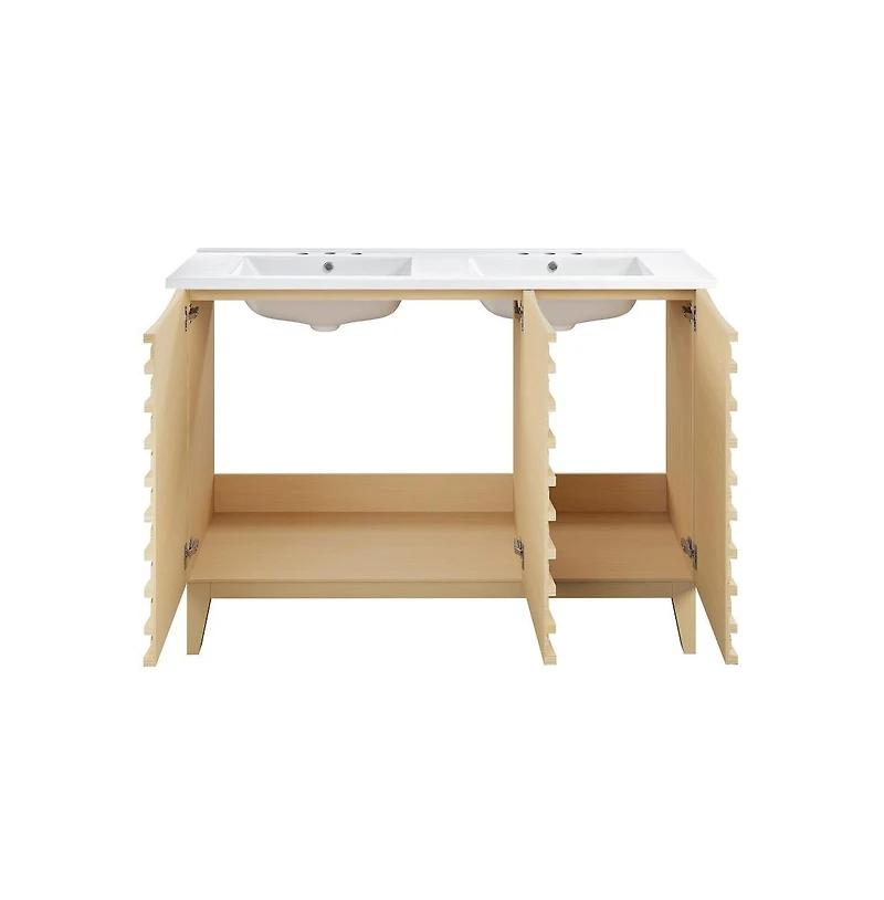 Swiss Madison48 in. Natural Oak, Double Basin Bathroom Vanity, White, 3-Hole Ceramic Sink Top