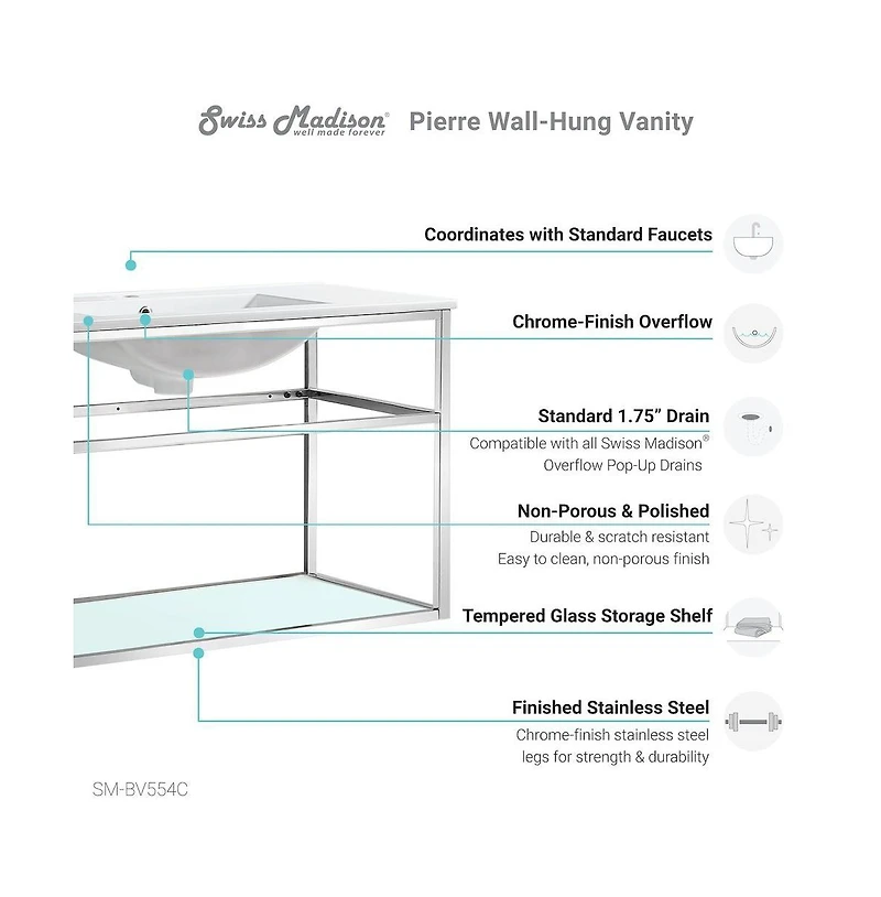Pierre 48 Single, Open Shelf, Chrome Metal Frame Bathroom Vanity