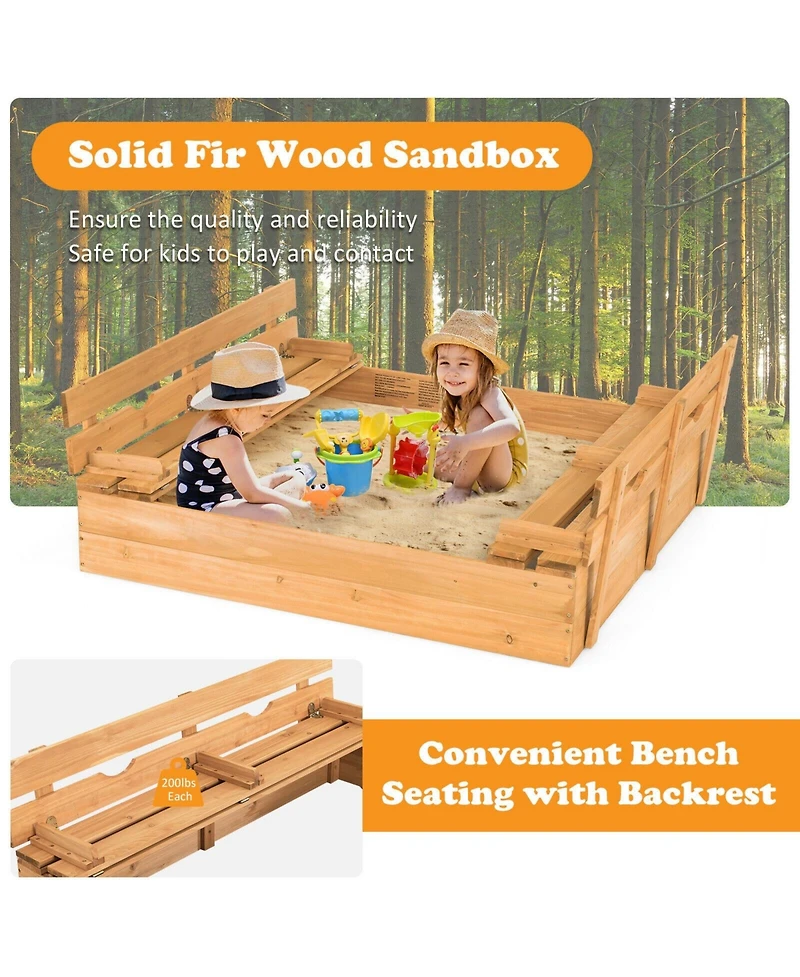 Kids Wooden Sandbox with 2 Foldable Bench Seats