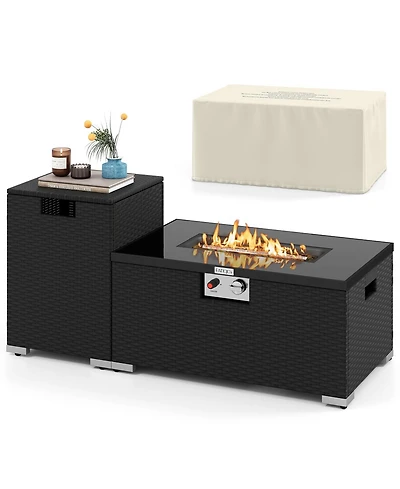 2-Piece Outdoor Rattan Fire Table Set 32 Inch Rectangle Gas Firepit with Tank Cover