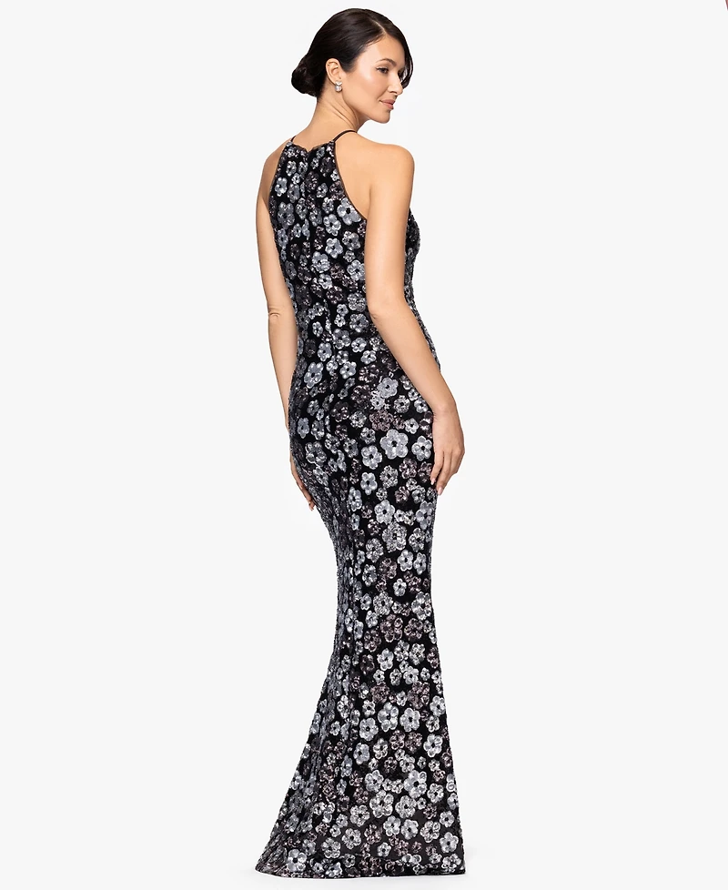 Betsy & Adam Women's Sequin All-Over Flower Long Dress