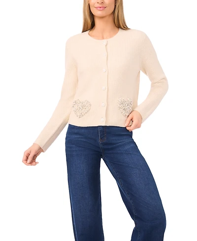 CeCe Women's Crewneck Rhinestone Heart Pocket Cardigan