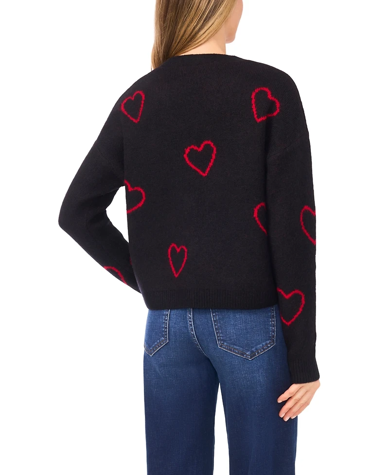 CeCe Women's V-Neck Heart Jacquard Cardigan Sweater