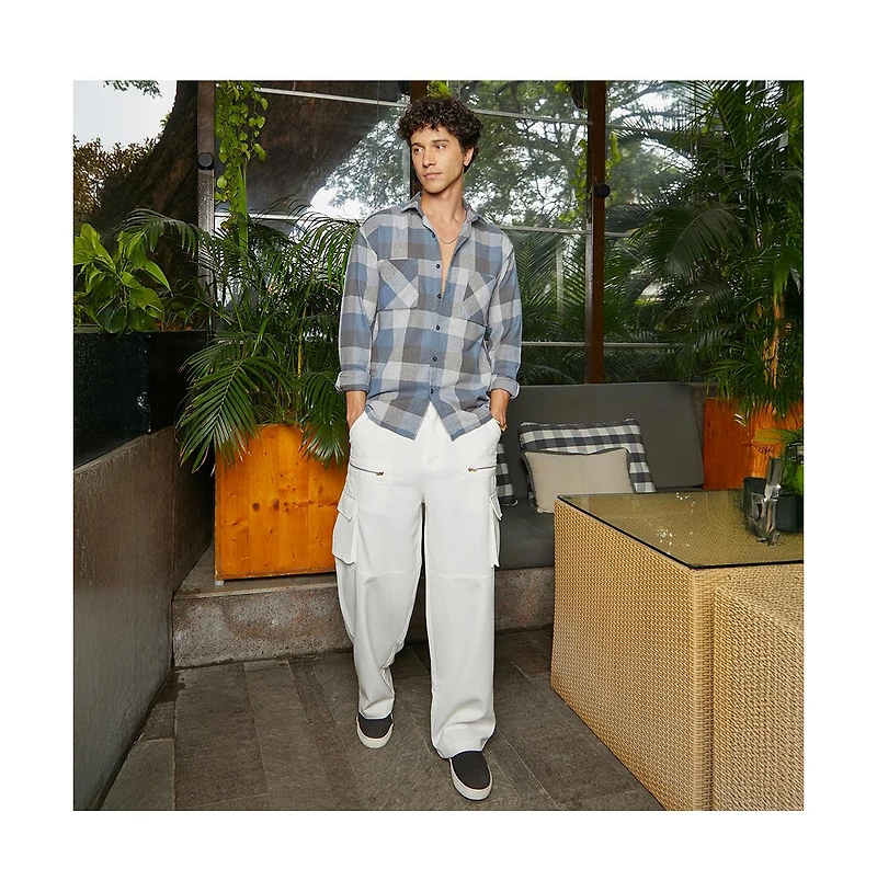 Campus Sutra Men's Icy Blue & Ash Grey Checkered Utility Shacket