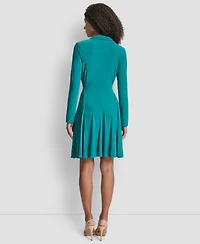 Dkny Women's Long Sleeve Collared Neck Godet Fit and Flare Dress
