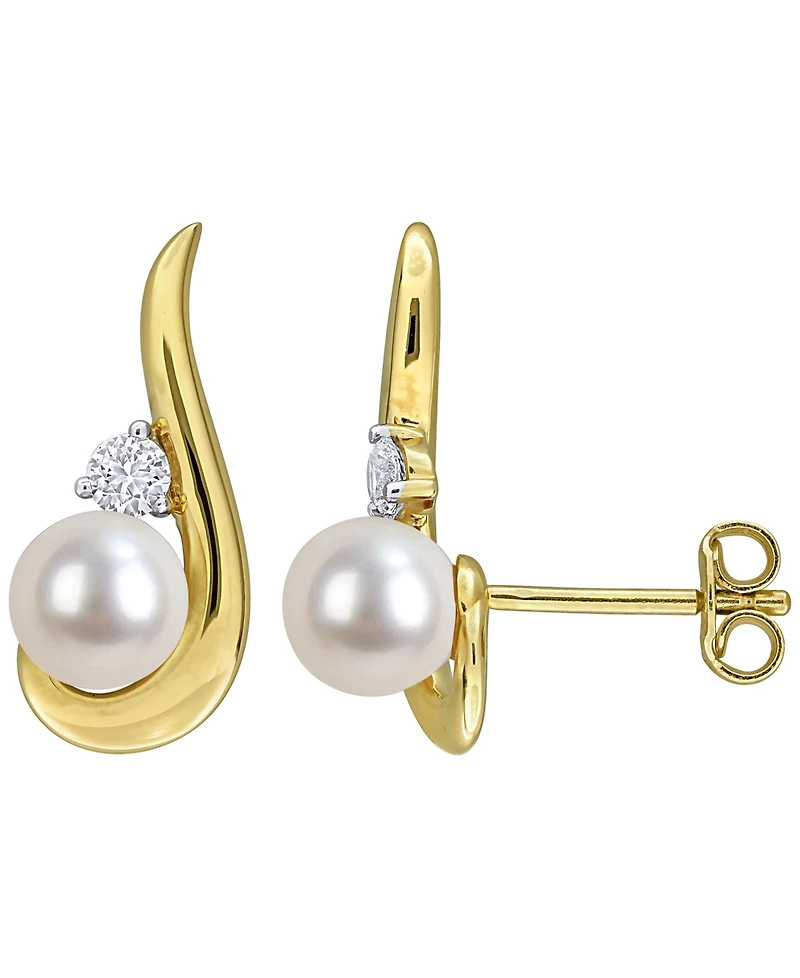 Macy's Cultured Freshwater Pearl (6-6.5mm) & White Sapphire Earrings (1/3 ct. t.w.) in 18K Gold Flash Plated Sterling Silver