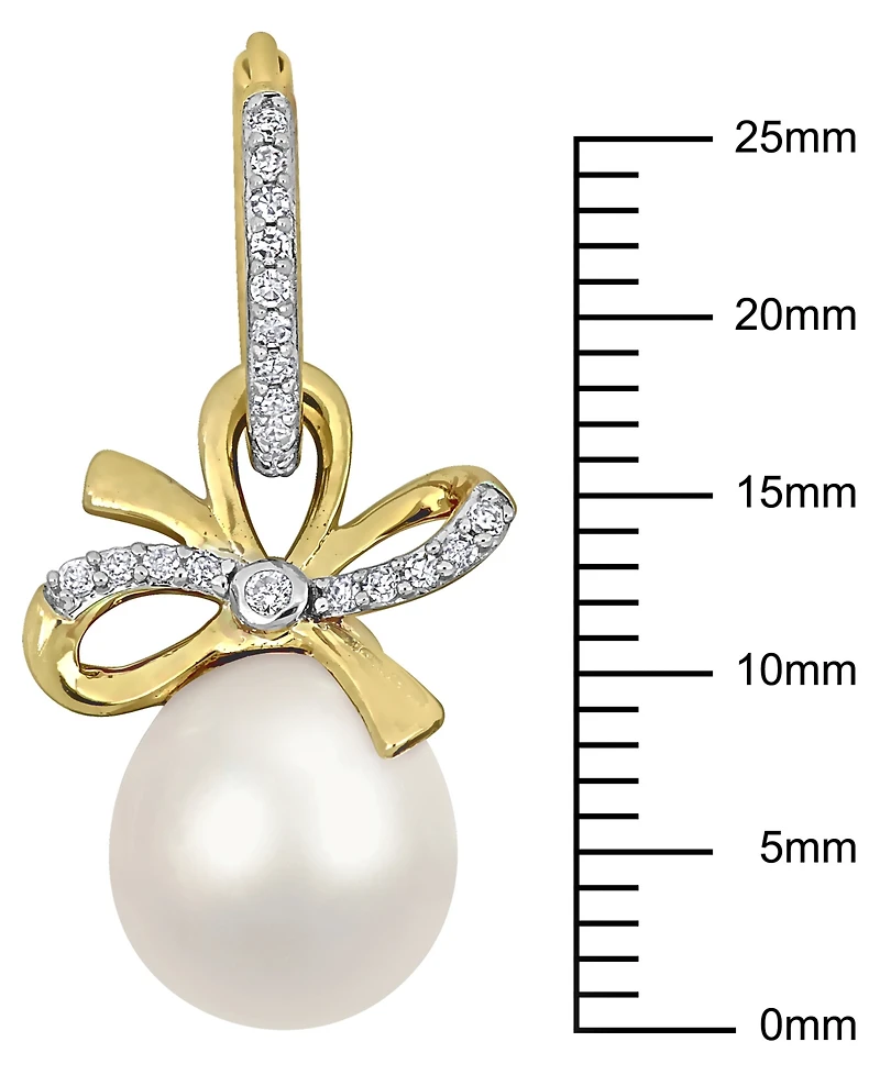 Macy's Cultured Freshwater Pearl (9-10mm) & White Sapphire Bow Drop Earrings (3/8 ct. t.w.) in 18K Gold Flash Plated Sterling Silver