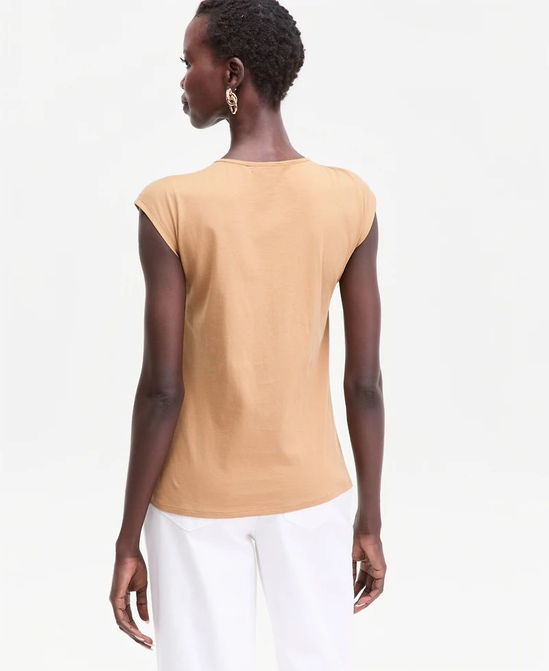 I.n.c. International Concepts Women's Cap Sleeve Ruched Cotton V-Neck T-Shirt, Macy's Exclusive