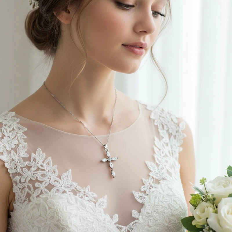 Bling Jewelry Exquisite Delicate Marquise Cubic Zirconia Religious Cross Pendant Necklace For Women 925 Sterling Silver