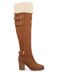 Journee Women's Alyza Buckle Detail Over-the-Knee Inside Zipper Almond Toe Comfort Sherpa Boots