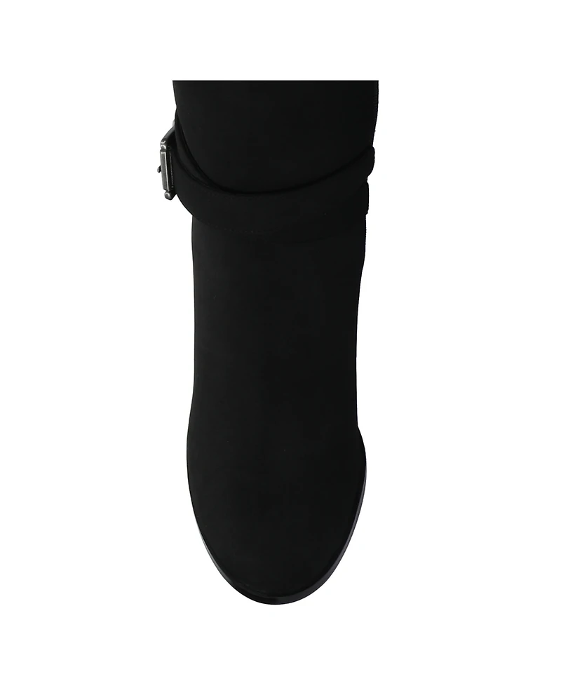 Journee Women's Avalonn Buckle Strap Knee High Stacked Heel Inside Zipper Wide-Calf Comfort Dress Boots