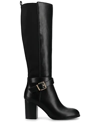 Journee Women's Avalonn Buckle Strap Knee High Stacked Heel Inside Zipper Extra Wide-Calf Comfort Dress Boots