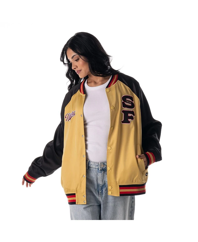 The Wild Collective Women's Gold San Francisco 49ers Oversized Satin Raglan Full-Snap Bomber Jacket