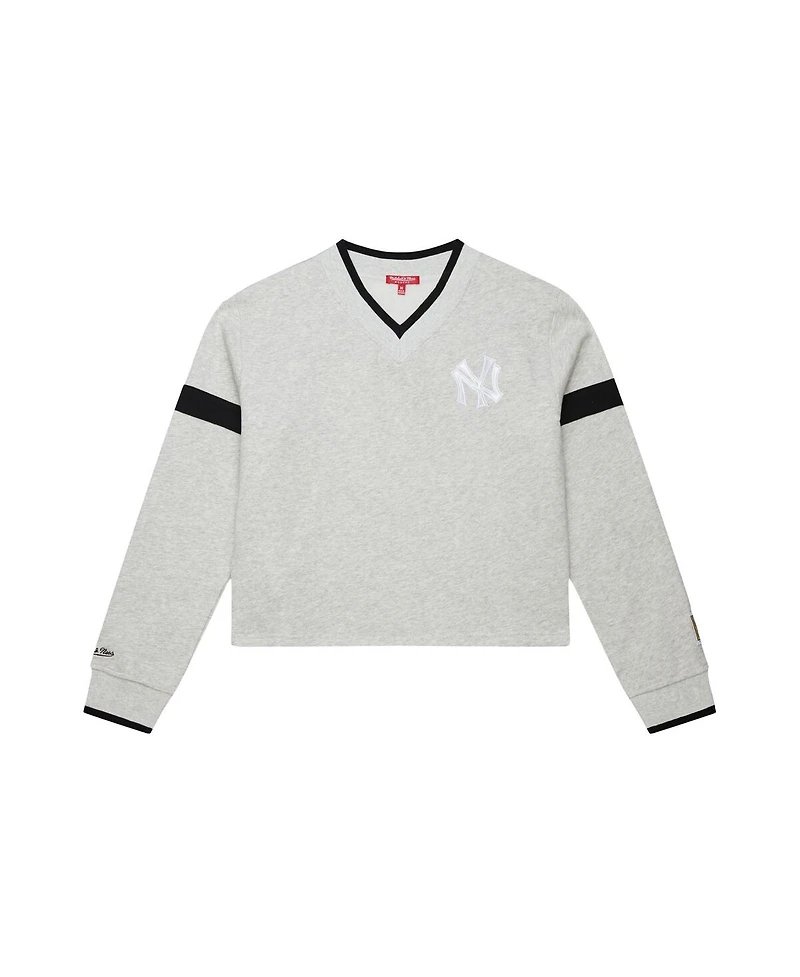 Mitchell & Ness Women's Heather Gray New York Yankees Cooperstown Collection V-Neck Cropped Toggle Sweatshirt