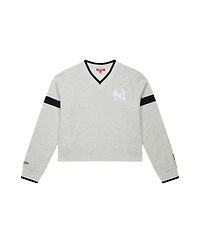 Mitchell & Ness Women's Heather Gray New York Yankees Cooperstown Collection V-Neck Cropped Toggle Sweatshirt