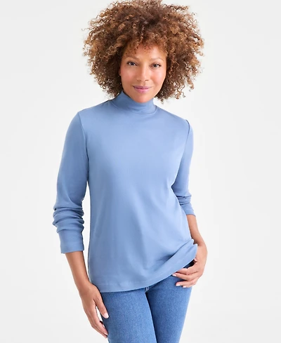 Style & Co Petite Mock-Neck Cotton Long-Sleeve T-Shirt, Created for Macy's