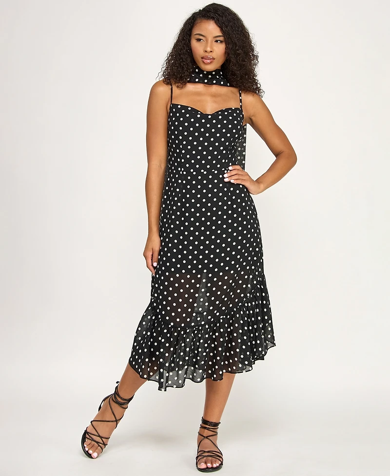 Seni & Cade Juniors' Polka Dot Sweetheart Neck Midi Dress with Scarf