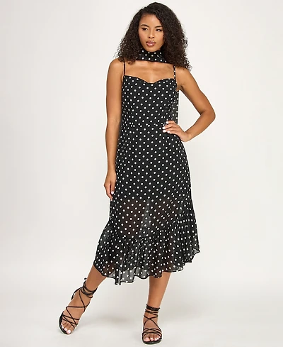 Seni & Cade Juniors' Polka Dot Sweetheart Neck Midi Dress with Scarf