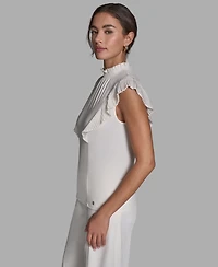 Bcbg Women's Pleated Mock Neck Flutter Sleeve Top