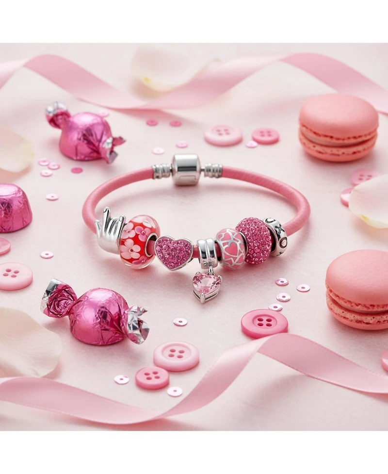 Bling Jewelry I Love You Hand Sign Heart Princess Themed Beads Multi Charm Bracelet For Women .925 Sterling Silver Pink Leather European Barrel Snap C