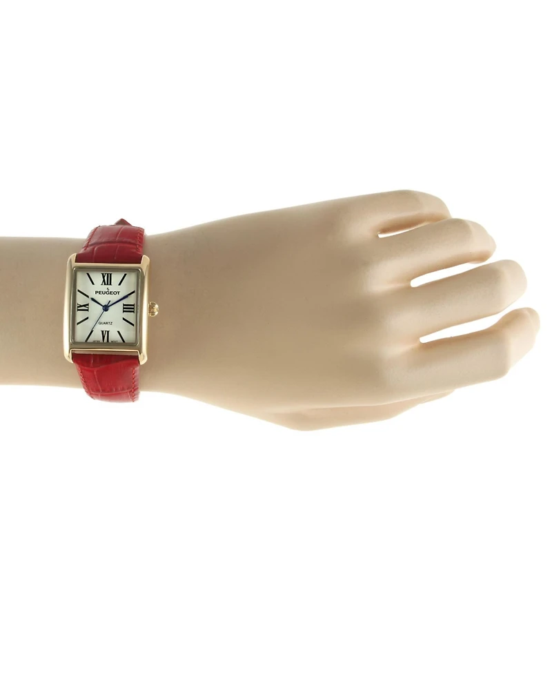 Peugeot Women's Tank Watch Roman Dial Red Leather Strap