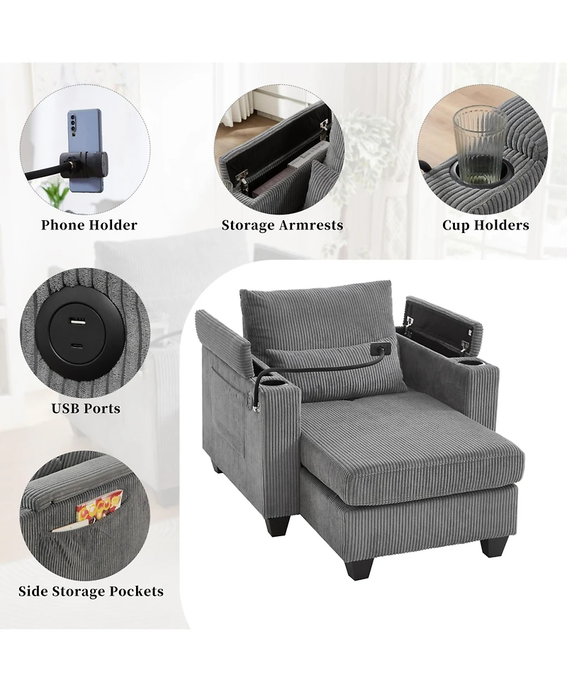 Convertible Chaise Lounge 37.4 Inches Sofa Chair Bed Corduroy Sleeper with Usb Ports , Two Cup Holders, Phone Holder and Ample Storage Space