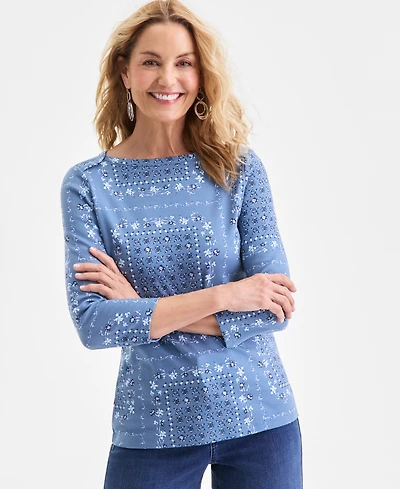Style & Co Women's Printed Pima Cotton 3/4 Sleeve Boat-Neck Top, Macy's Exclusive