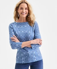 Style & Co Women's Printed Pima Cotton 3/4 Sleeve Boat-Neck Top, Macy's Exclusive