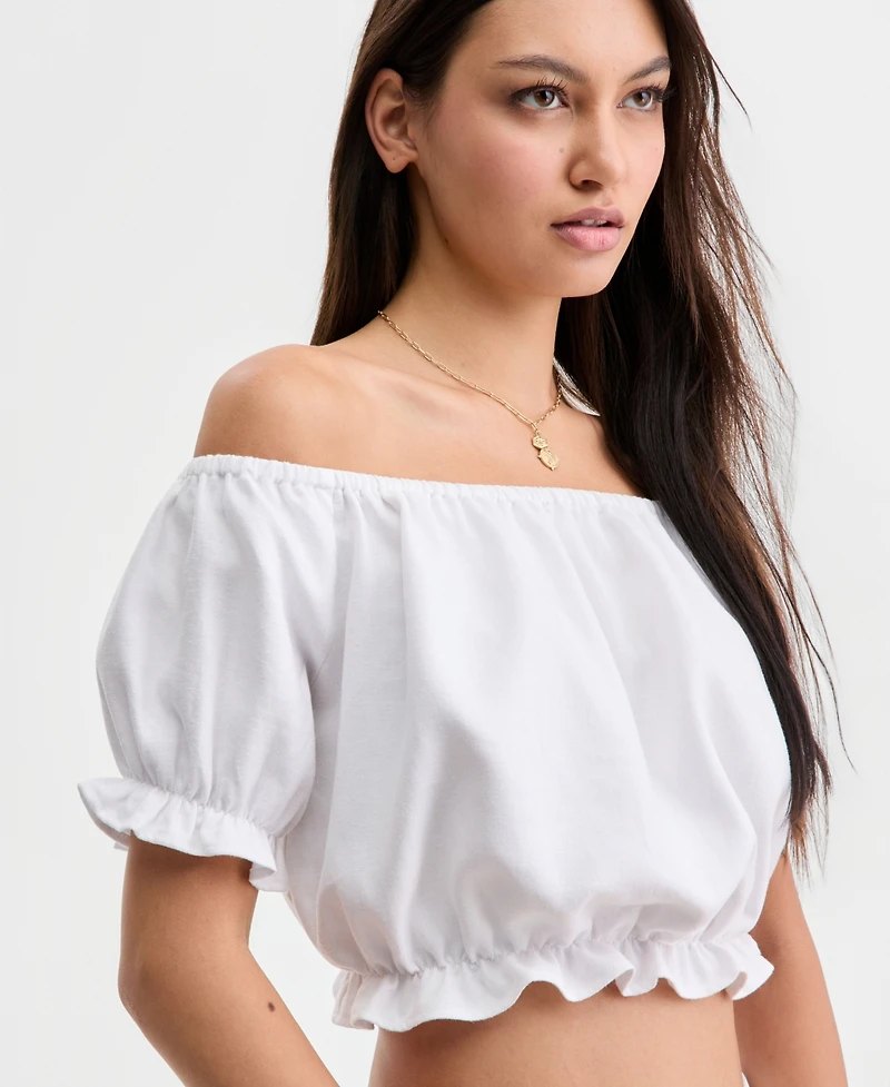 Guess Women's Issa Linen Cropped Ruffled-Edge Top