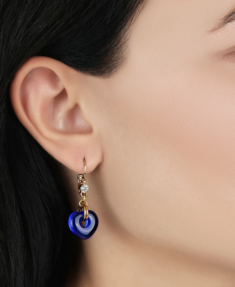 2028 Gold Tone Blue Glass Heart Drop Earrings