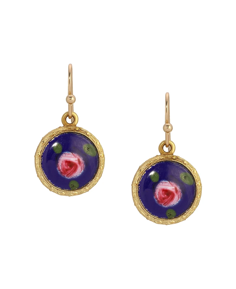 2028 Round Blue Pink Flower Enamel Earrings