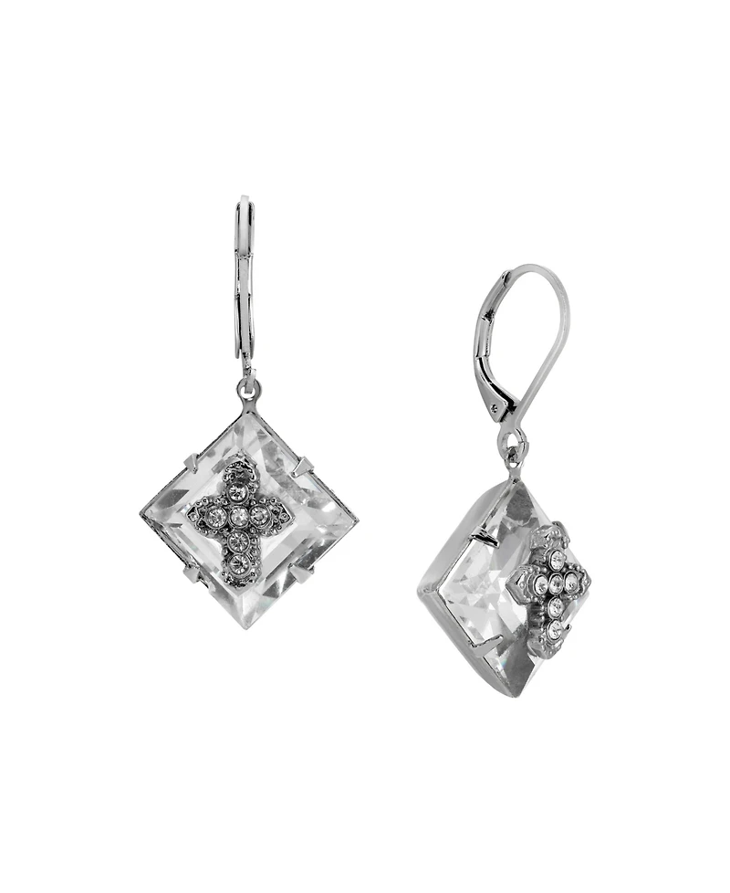 2028 Square Crystal Cross Lever Back Earrings