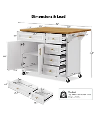 Casainc 52" Rolling Kitchen Island with Drop Leaf, Spice Rack, Towel Rack, 2 Doors, 5 Drawers, Adjustable Shelf (No Stools)