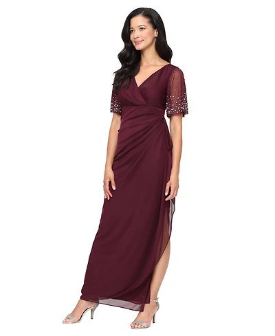 Alex Evenings Women's Embellished Flutter Sleeve Long Dress