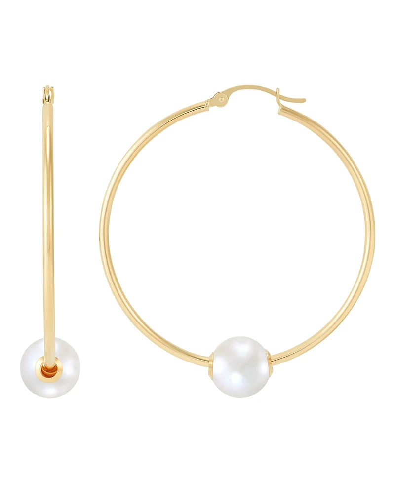 Macy's Polished Ming Cultivated Pearl Hoop Earrings (8-9mm) in 10K Yellow Gold