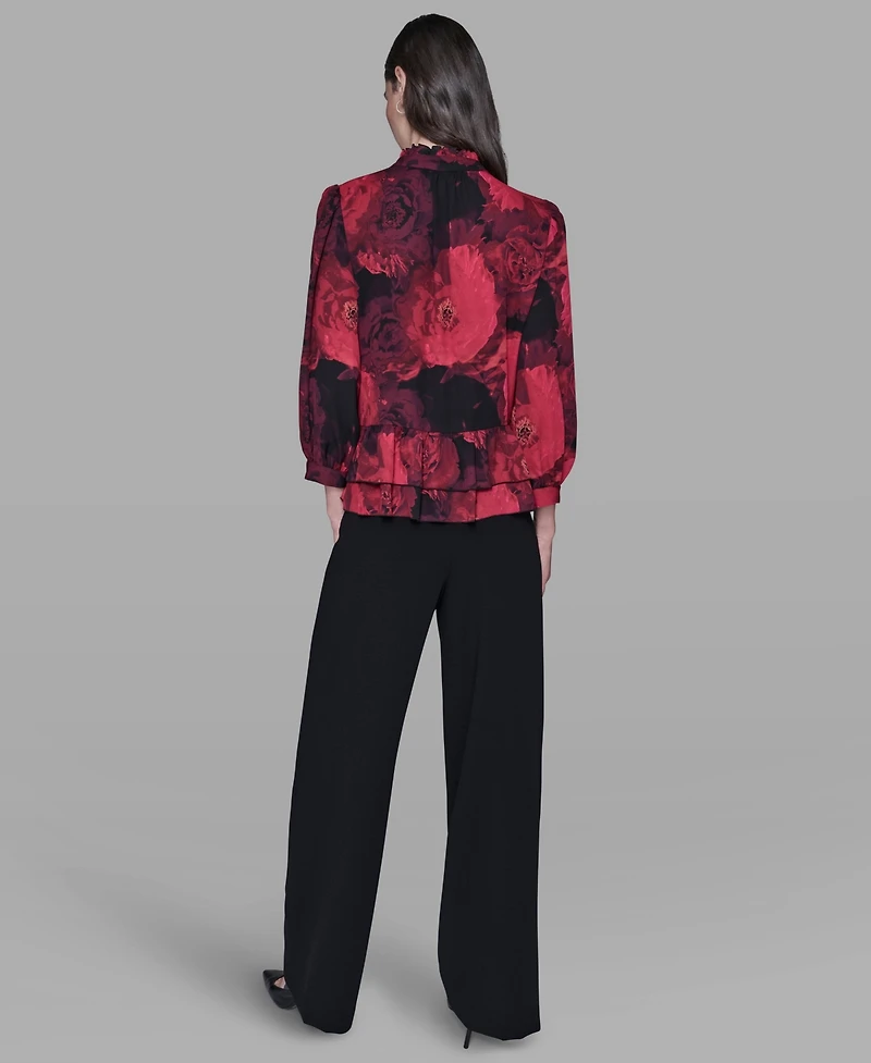 Karl Lagerfeld Paris Women's V-Neck Floral Print Ruffle Detail Top